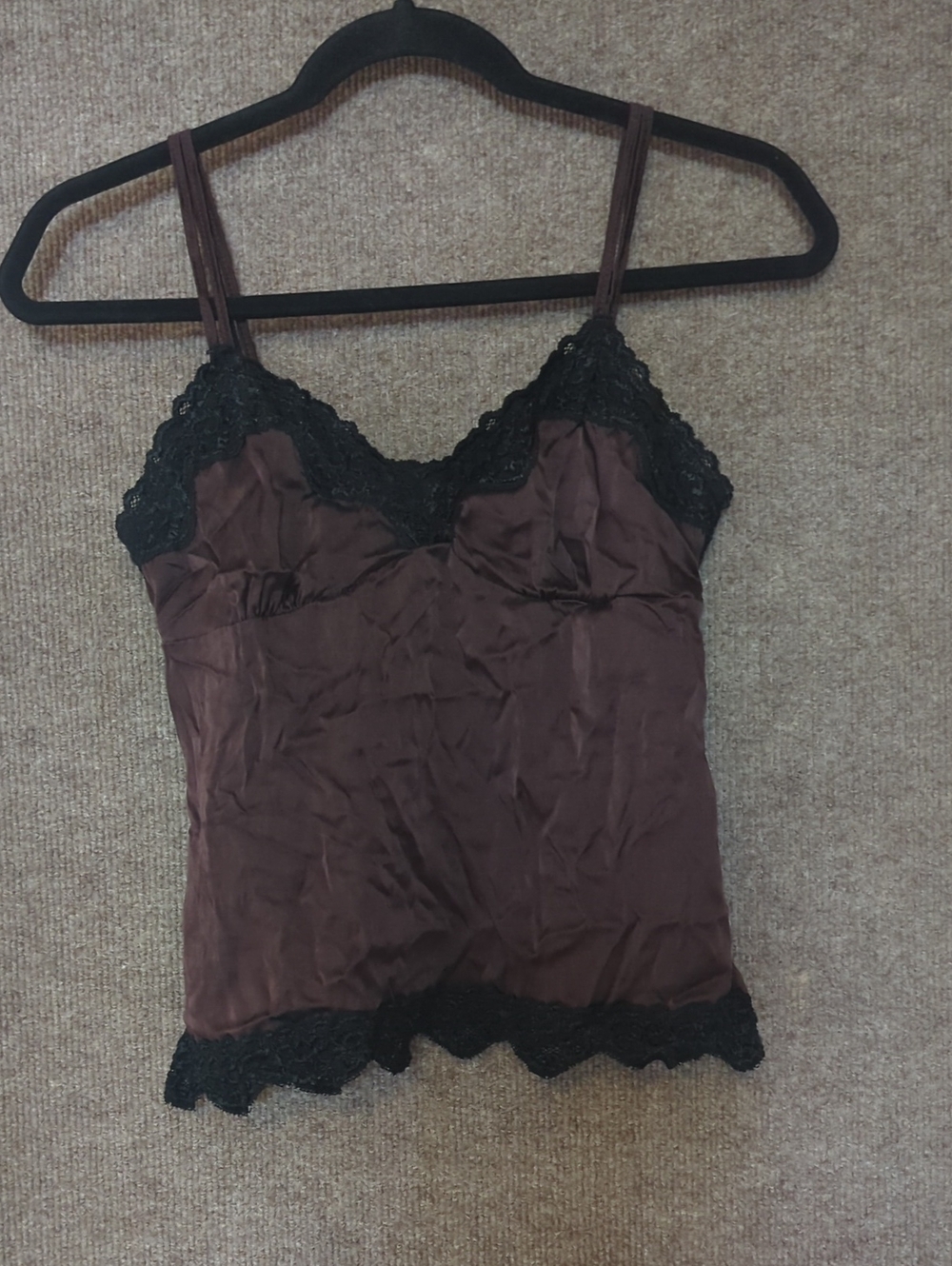 Y2K Vintage Silk Lace Cami Strappy Tank Brown Small Made In USA Shine New York